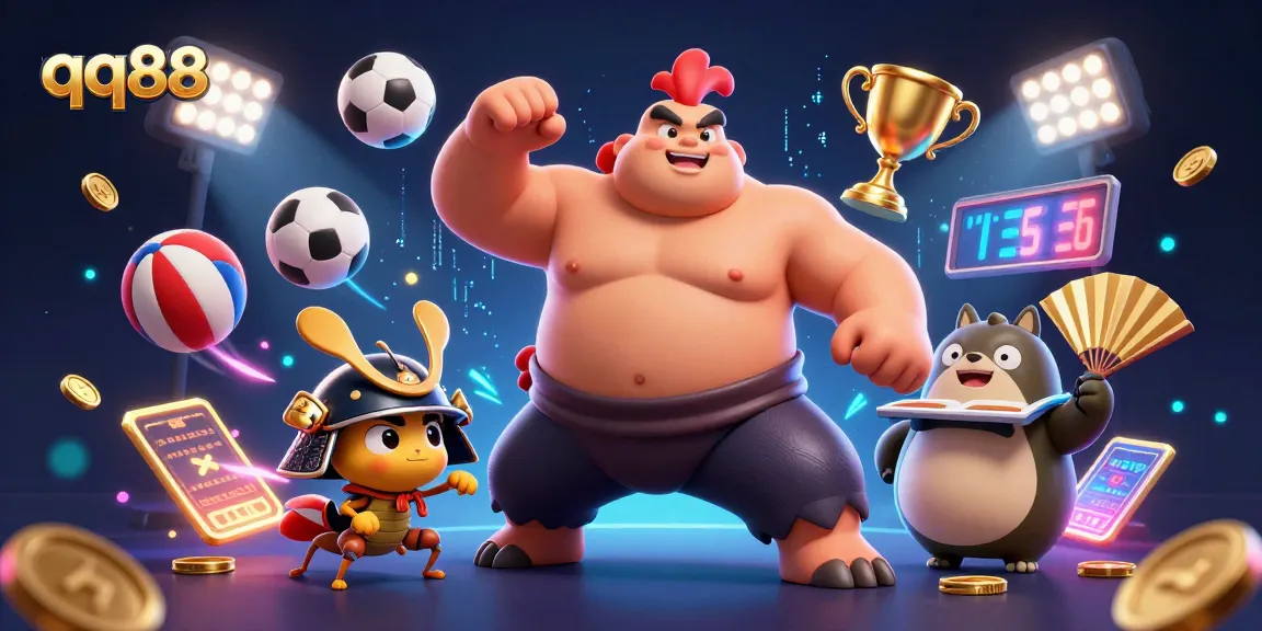 Experience thrilling action with qq88 as the sumo wrestler rooster and samurai cricket face off in a dynamic betting scene.