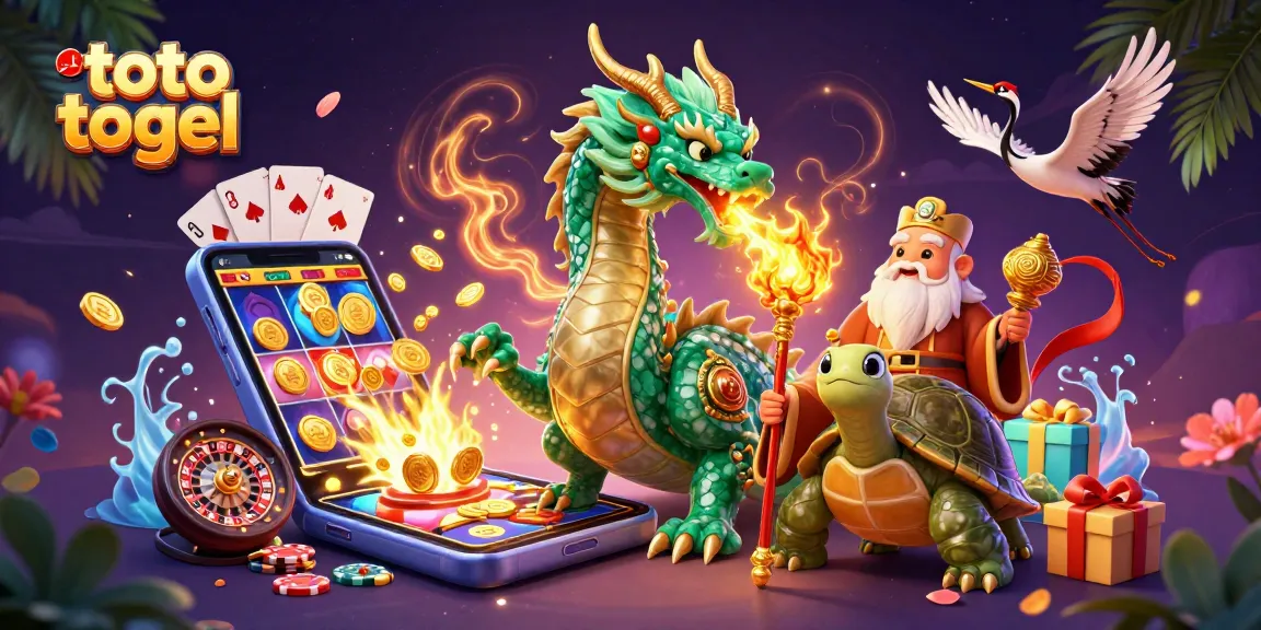 Engage with the thrilling toto togel scene featuring an emerald dragon, lucky cranes, and casino elements.