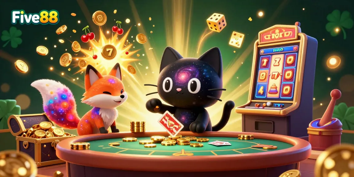Five88 captivates players with a cosmic casino scene featuring a black hole cat and nebula fox amidst exploding jackpots.