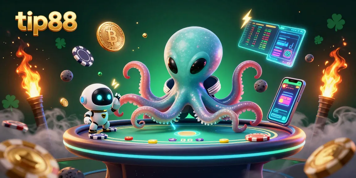 Engage with tip88 at a vibrant holographic poker table in a cosmic scene full of dynamic gaming elements.