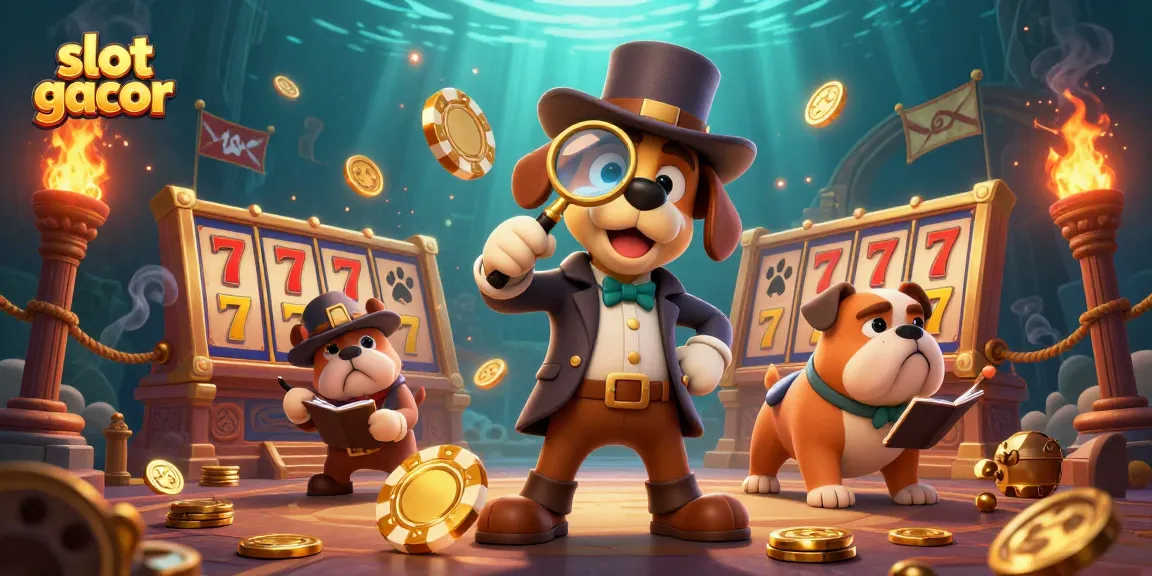 Engage with slot gacor treasures as a detective discovers golden poker chips in a vibrant casino.