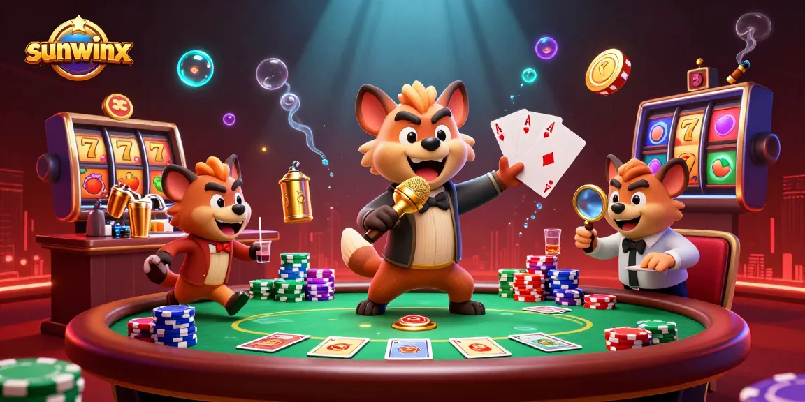 Engage with the vibrant Sunwinx comedy casino scene featuring hyenas, slot reels, and vibrant gambling action.