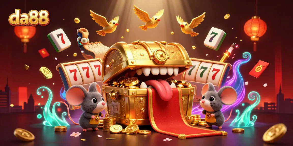 Engage with da88 online casino treasures as adventurer mice approach a golden chest amidst vibrant gaming elements.