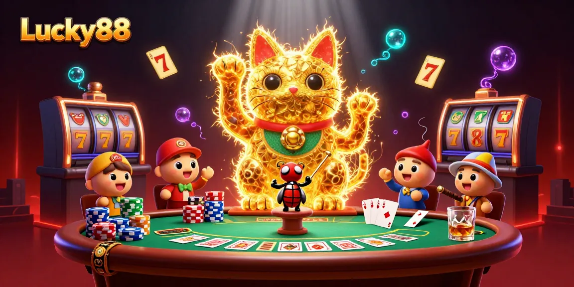 Experience the magic of Lucky88 slot with a vibrant 3D illustration of a lucky cat and fireflies.