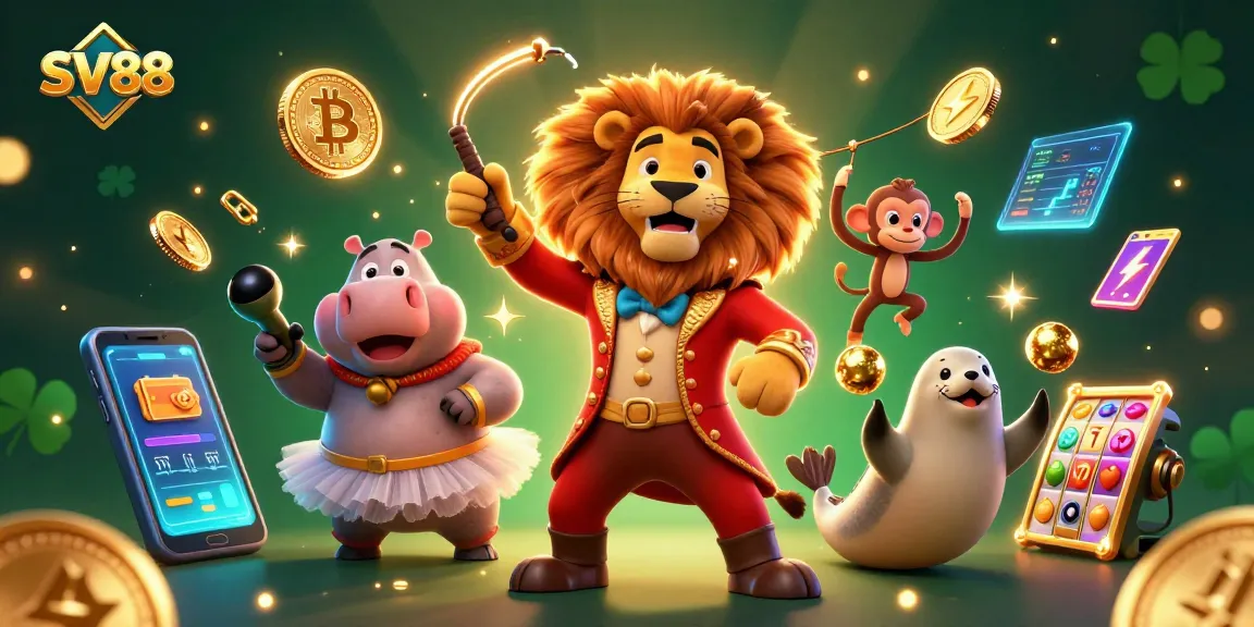 Bet on SV88 with dynamic circus characters and crypto elements in an exciting casino illustration
