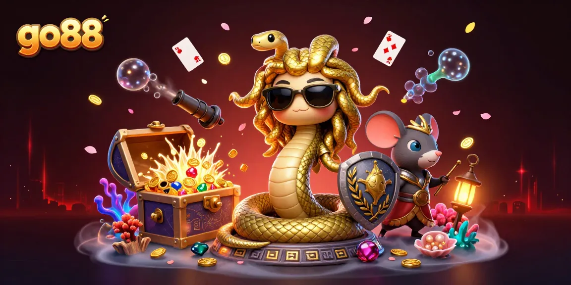 Play and win with go88's dynamic casino adventure featuring Medusa and a warrior mouse.