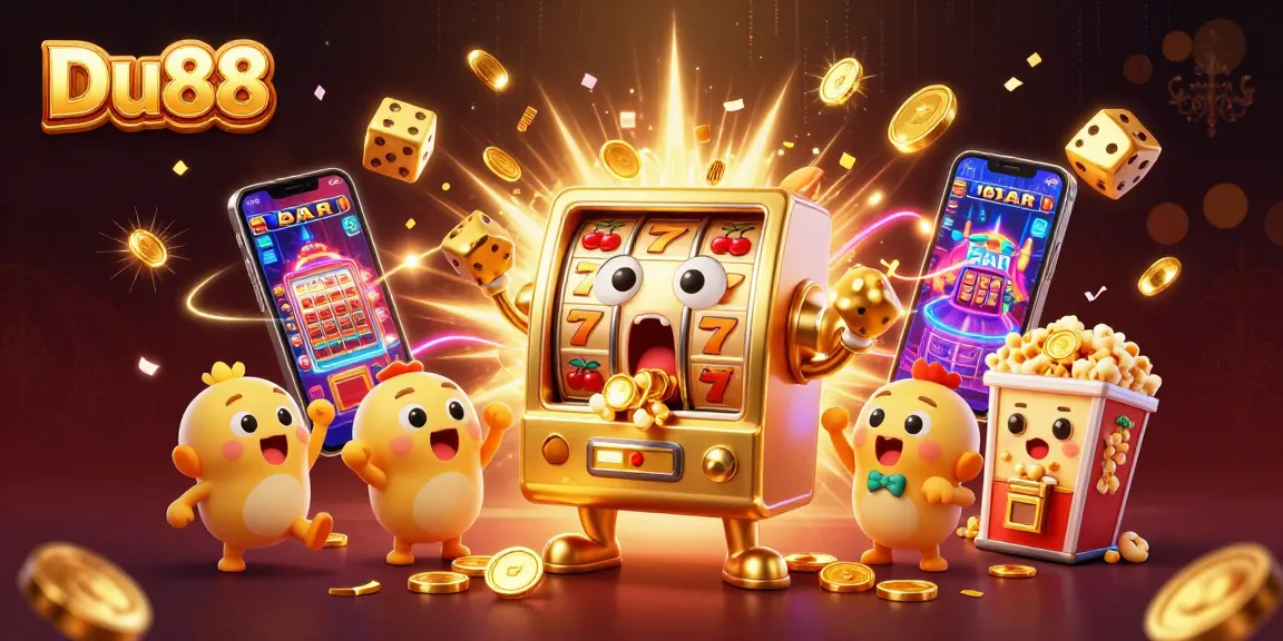 Experience the thrill of Du88 with a golden slot machine celebrating a jackpot amidst vibrant gambling elements.