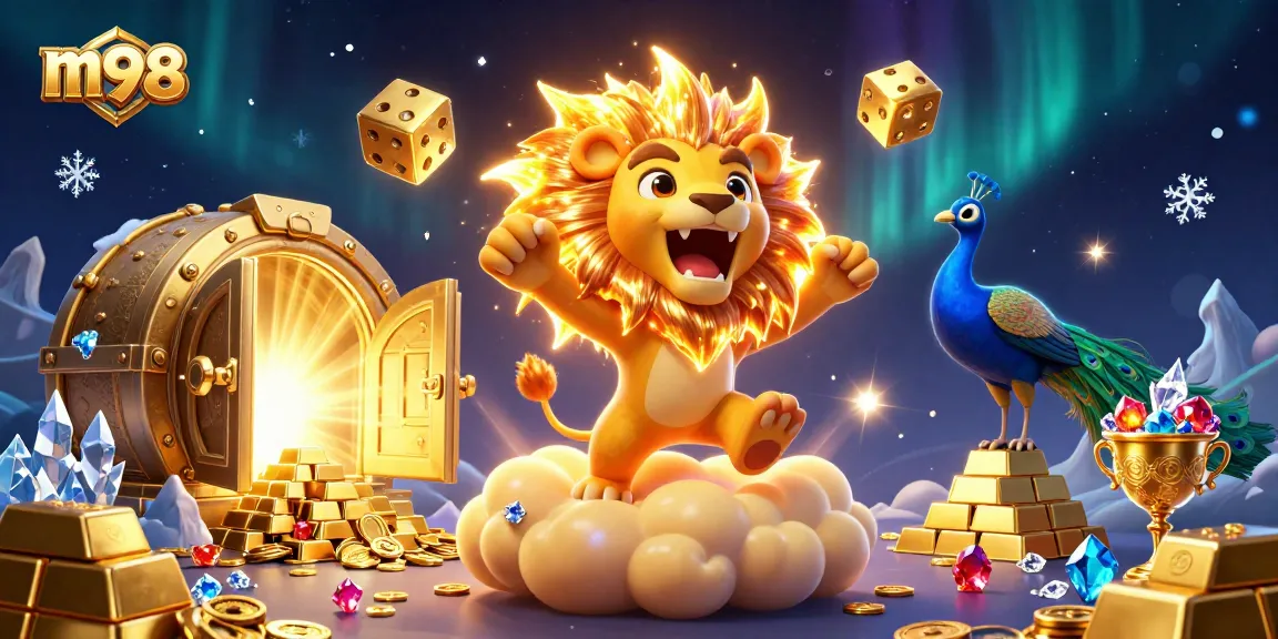 M98 casino slots experience features vibrant treasures and lively gaming elements in a captivating 3D scene.