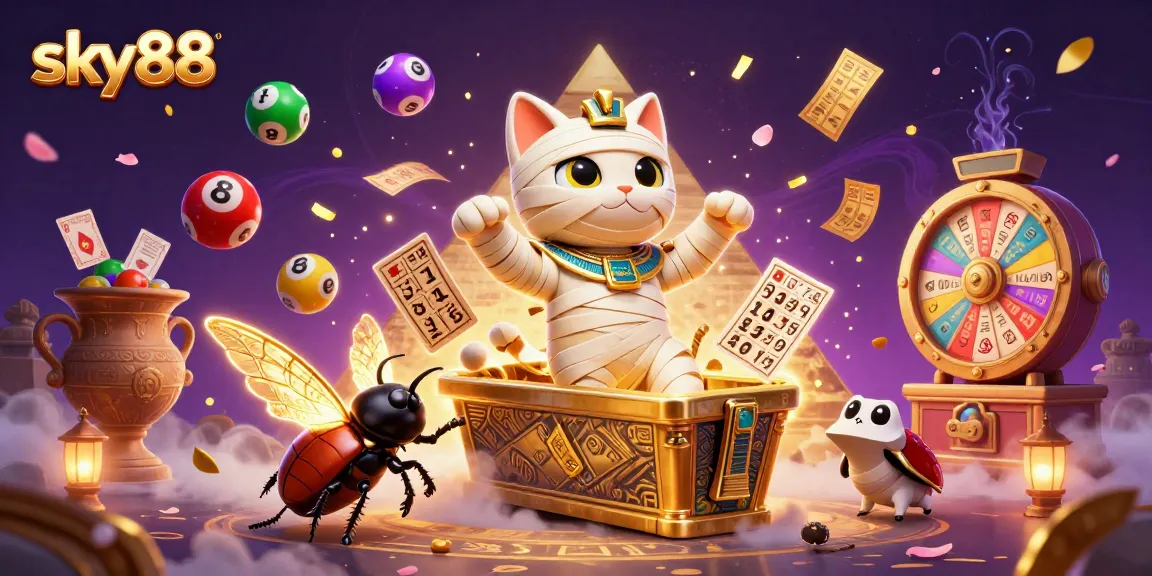 Experience thrilling wins at sky88 with a vibrant cartoon casino scene featuring dynamic lottery elements.
