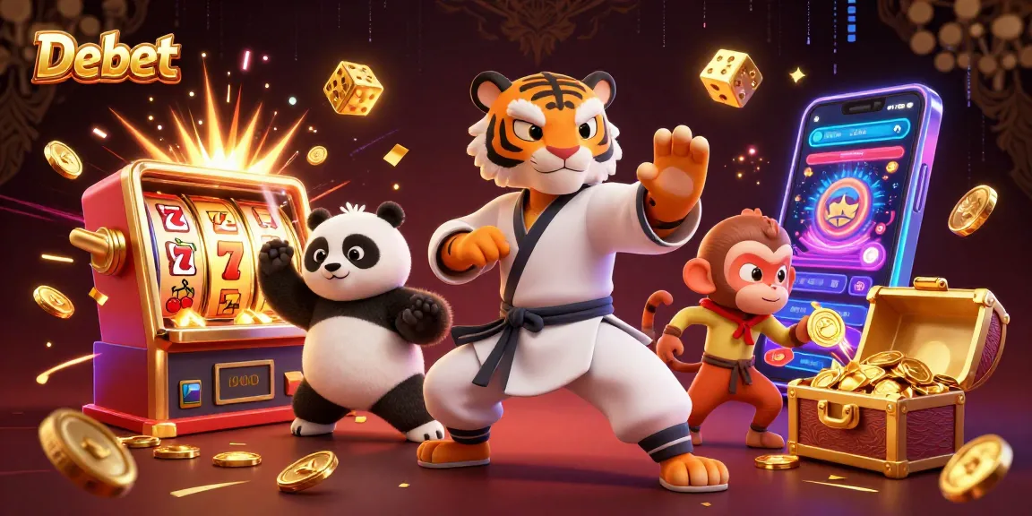 Engage in thrilling gaming with Debet, as a cartoon tiger and panda join a dynamic casino scene.