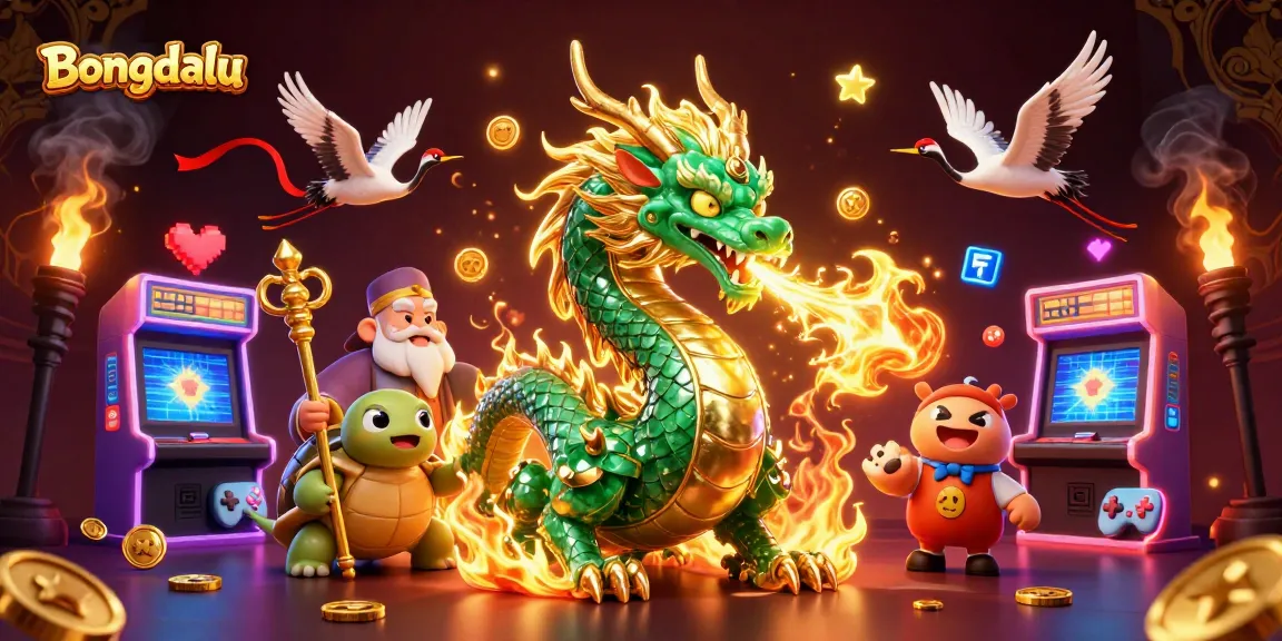 Bet on Bongdalu with a majestic dragon and lucky cranes in a vibrant gambling scene.