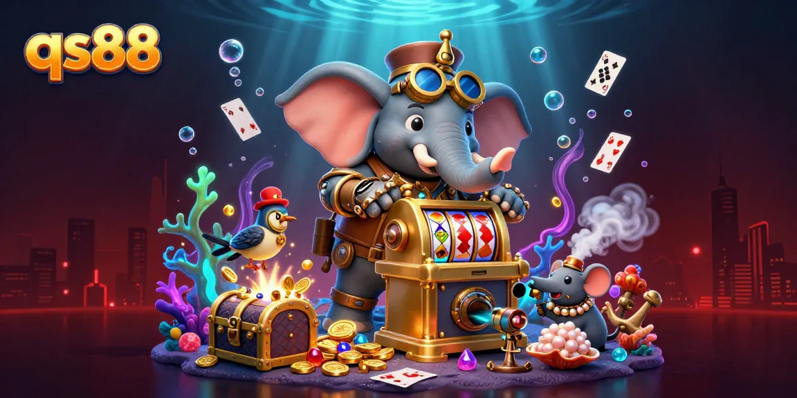 Spin and win big with qs88 at this vibrant steampunk casino illustration showcasing dynamic slot machines and treasures.