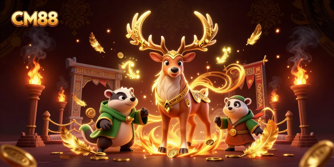 Engage in thrilling gambling at CM88 with an adventurous druid and badger amidst a vibrant casino scene.