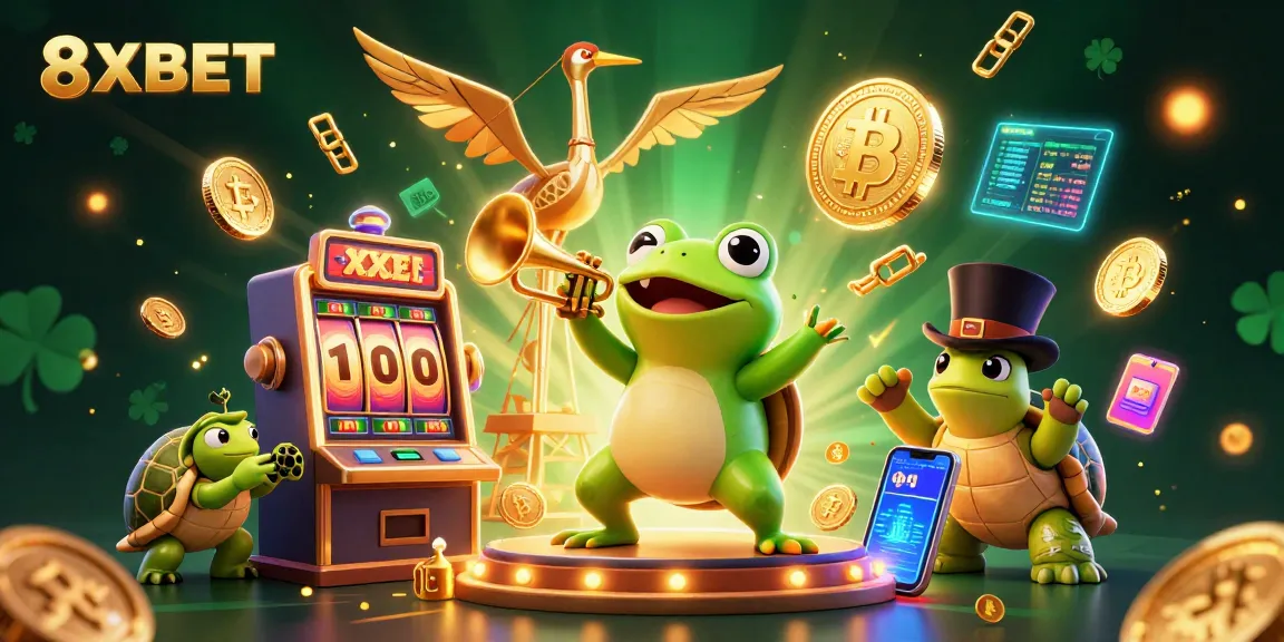 Play slots and win big at 8XBET in a vibrant, dynamic casino scene featuring animated characters.