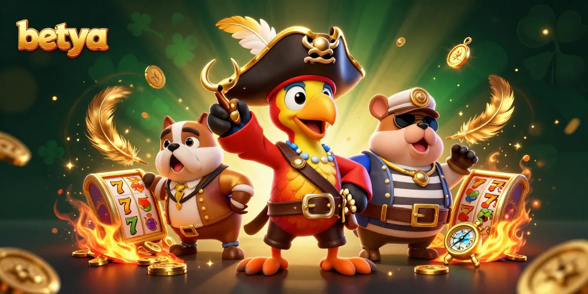 Betya showcases vibrant slot reels and pirate characters in a lively casino-themed illustration.
