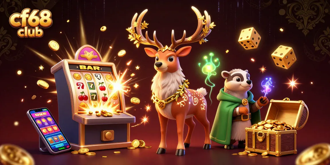 Engage in thrilling gameplay at cf68 club with a vibrant 3D illustration of casino symbols and characters.
