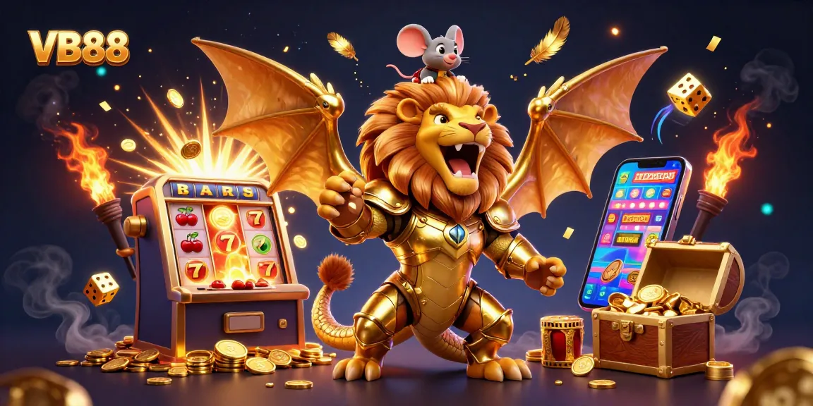 Experience big wins with VB88 at a spectacular slot machine jackpot explosion surrounded by vibrant casino elements.