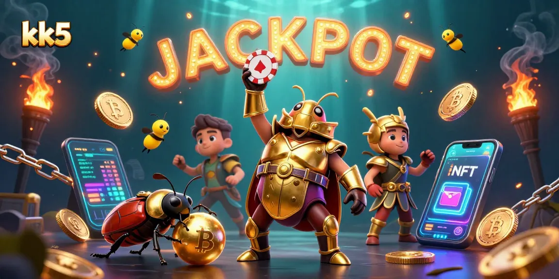Win big at kk5 with a victorious hercules beetle lifting a poker chip amid dynamic casino graphics.