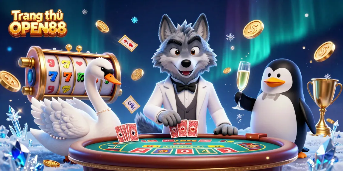 Engage with thrilling games at Trang chủ OPEN88, featuring a lively baccarat table scene with unique characters.