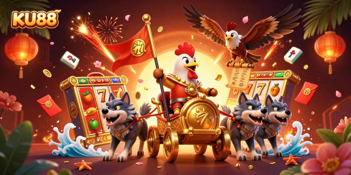 Experience thrilling jackpots at KU88 with a dynamic illustration of gaming excitement and vibrant casino elements.