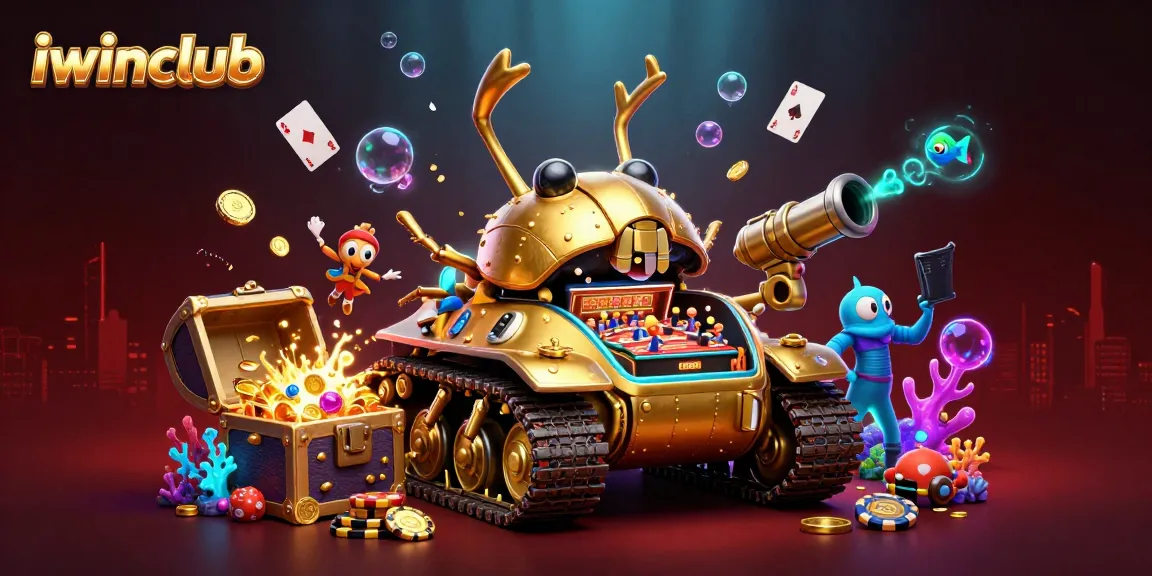 Experience the excitement of iwinclub with a vibrant 3D casino scene featuring a golden beetle tank, treasure chests, and floating cards.