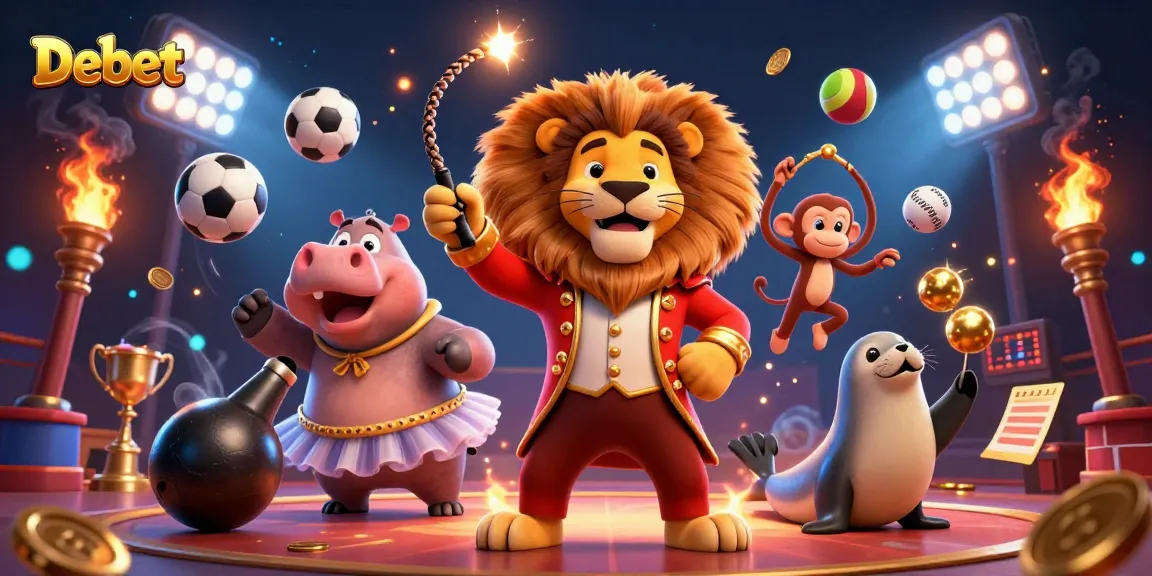 Debet showcases a thrilling 3D casino scene with vibrant characters and dynamic sports elements.