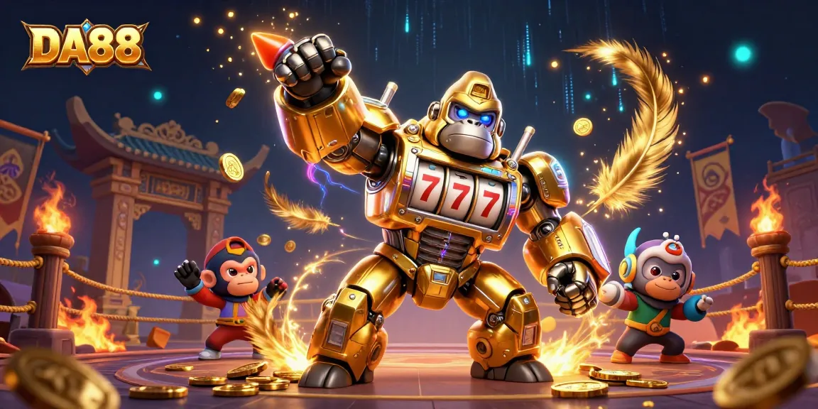 DA88 showcases a dynamic gorilla mech amidst vibrant casino elements and winning symbols.