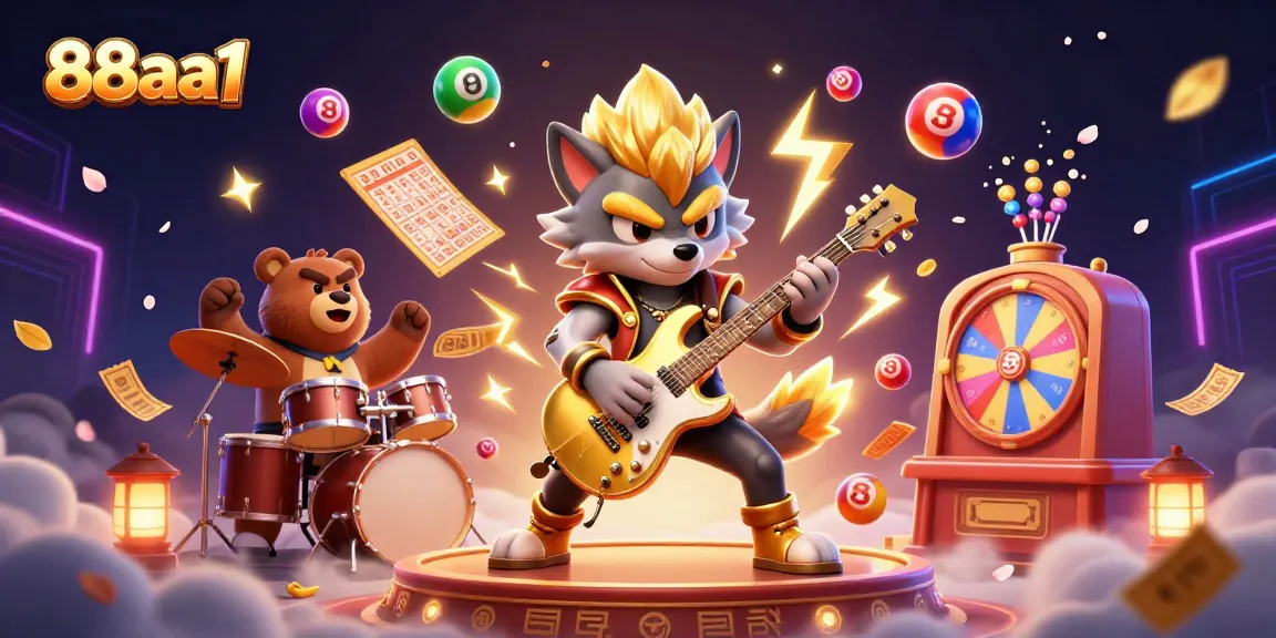 88aa1 showcases thrilling casino excitement with cartoon wolf and bear amidst lottery balls and vibrant game elements.