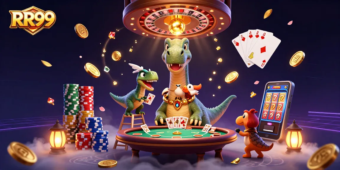 RR99 offers a thrilling casino experience with animated characters depicting playful gambling scenes.
