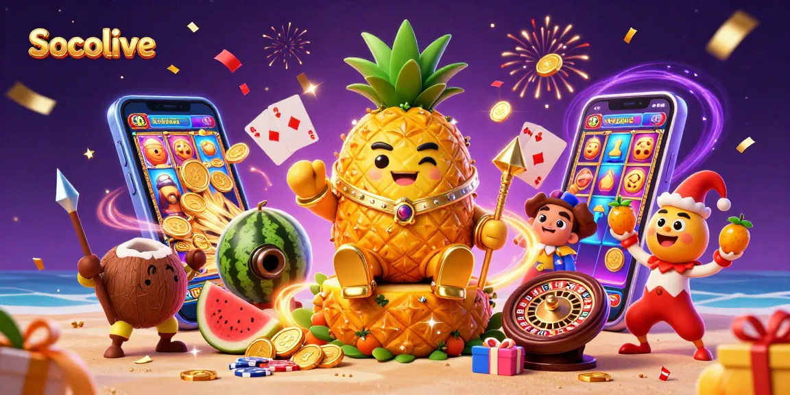 Socolive takes center stage with a vibrant 3D casino scene, showcasing fun elements and characters, ideal for gamblers.