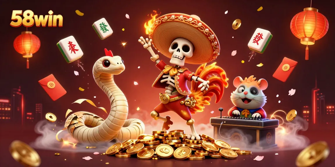 Experience thrilling wins at 58win with a dynamic casino scene showcasing vibrant characters, games, and festive elements.