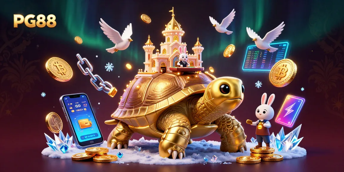 Experience gaming at PG88 with a vibrant casino scene featuring a tortoise casino, dealer, and flying birds.