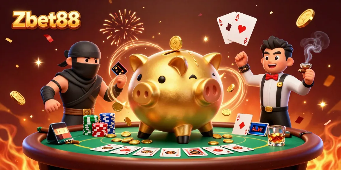 Zbet88 captivates players with a dynamic scene of a sumo wrestling piggy bank amidst thrilling poker action.