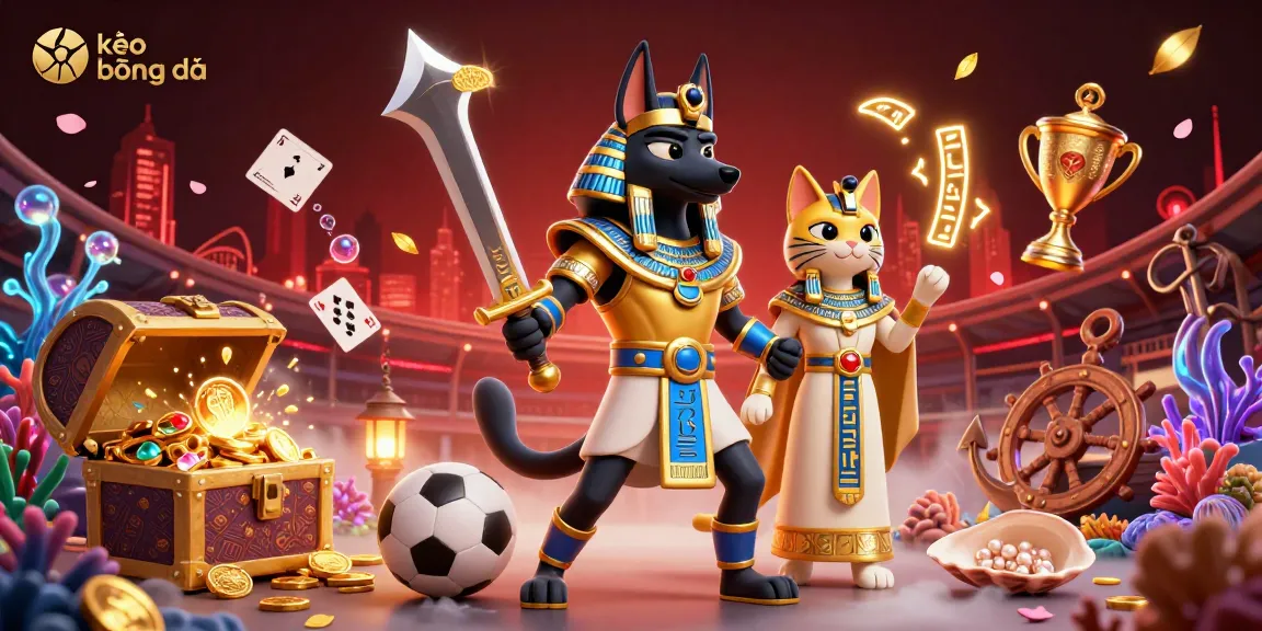 Engage in kèo bóng đá with this captivating 3D sports betting illustration featuring Anubis and Bastet.