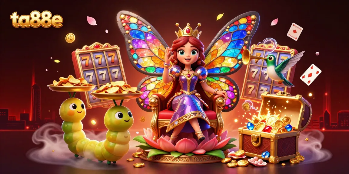 Experience thrilling gaming action with ta88e in a vibrant 3D casino scene featuring slot reels, treasure, and fantasy elements.