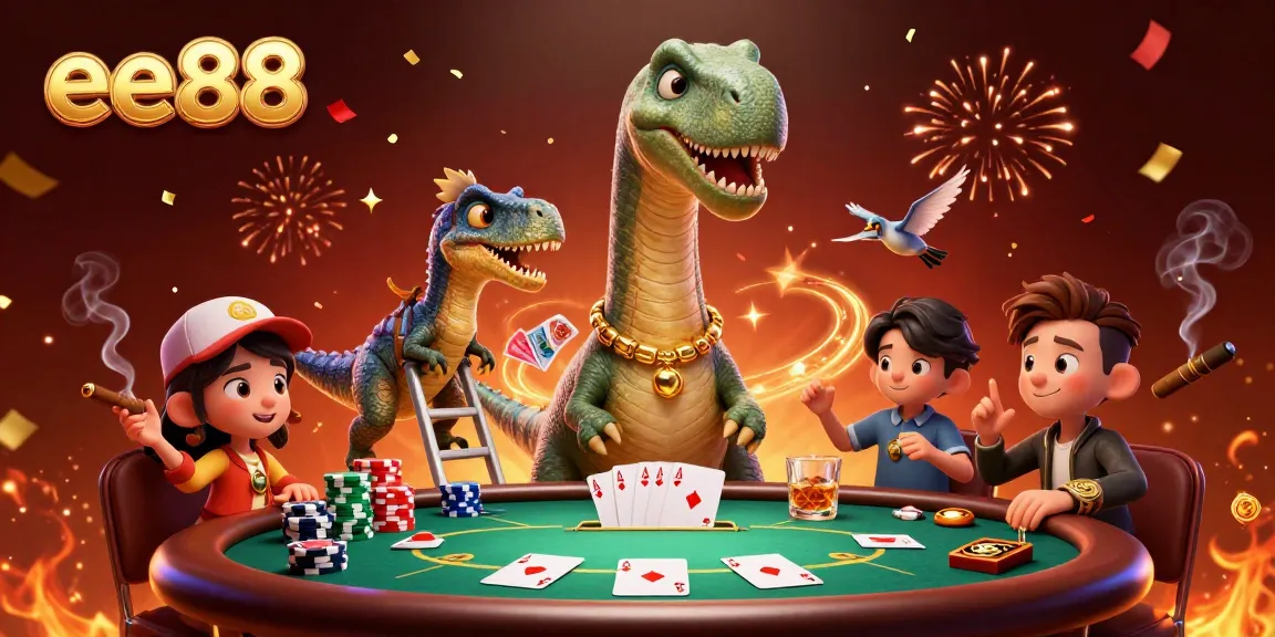 Engage with the excitement of ee88 casino as a dinosaur plays poker with vibrant details.