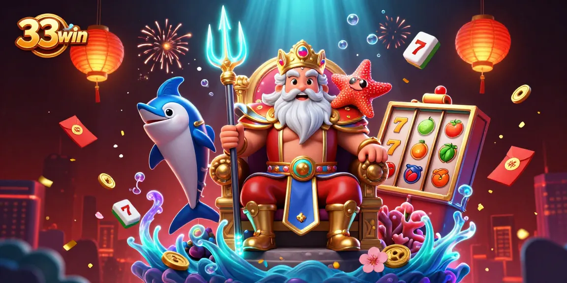 Engage with 33win's vibrant slot scene featuring Neptune and gaming elements.