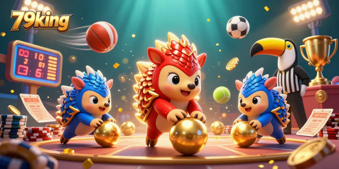 Bowling pangolins rolling golden balls in an energetic 79king casino scene with poker chips.