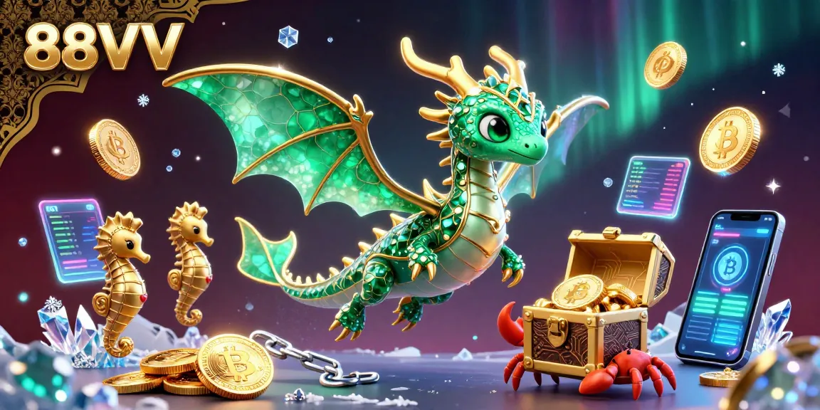 Engage with the 88VV online casino scene featuring a magical sea dragon and cryptocurrency elements.