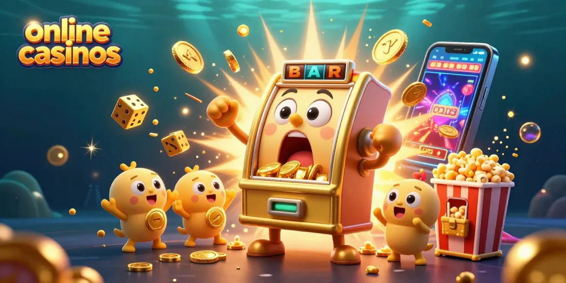 Engaging illustration of online casinos featuring a golden slot machine hitting a jackpot with cheering companions and colorful casino elements.