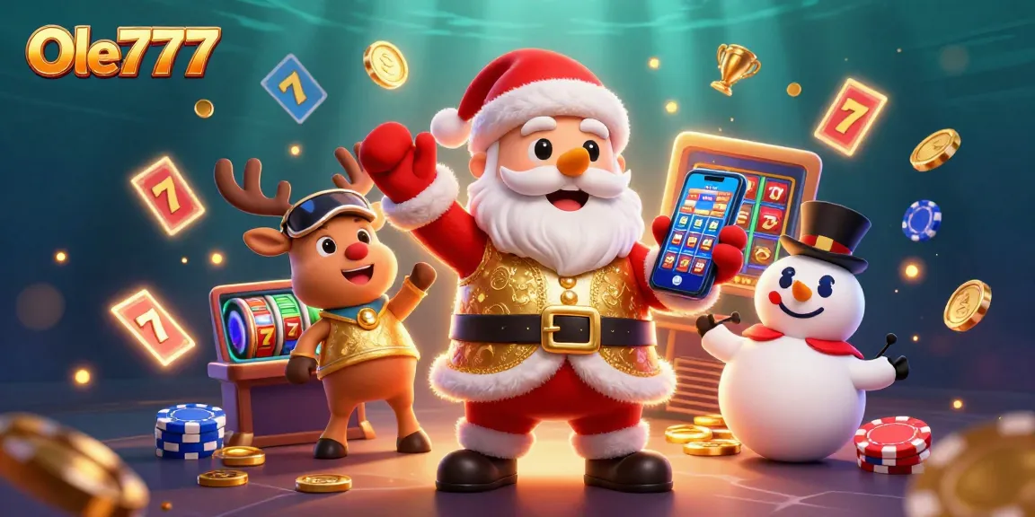 Experience thrilling jackpot excitement at Ole777 with Santa and friends amidst dynamic casino elements.