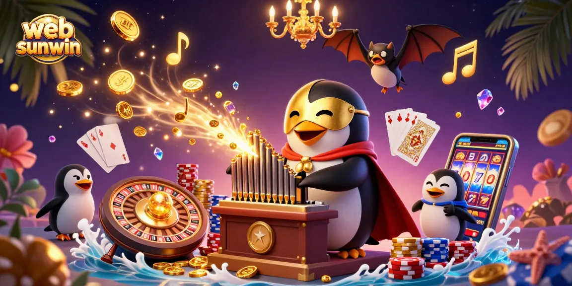 Experience excitement at web sunwin with a whimsical gaming scene featuring a penguin and golden coins.