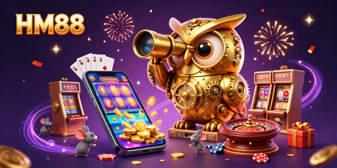 Engage with exhilarating gaming at HM88's dynamic casino featuring a golden owl and little mouse patrons.
