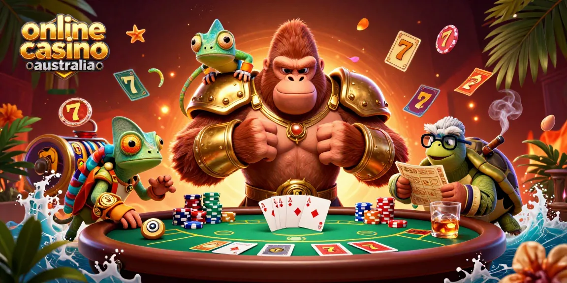 Engage at the online casino australia with a vibrant 3D scene featuring playful casino characters.