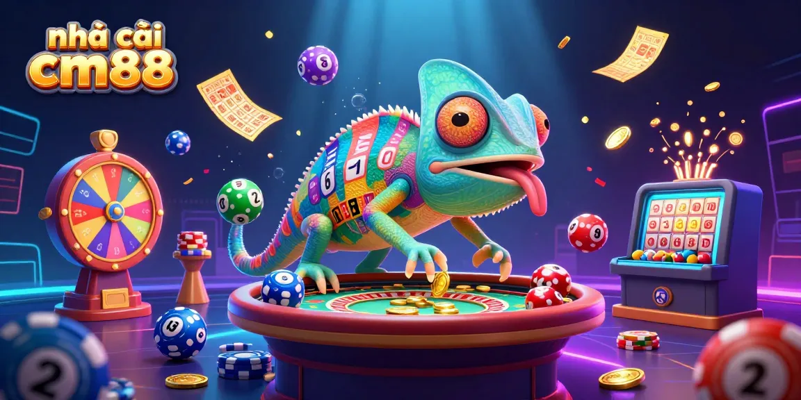 Experience exhilarating play at nhà cái cm88, with a lively 3D illustration of colorful gaming elements.