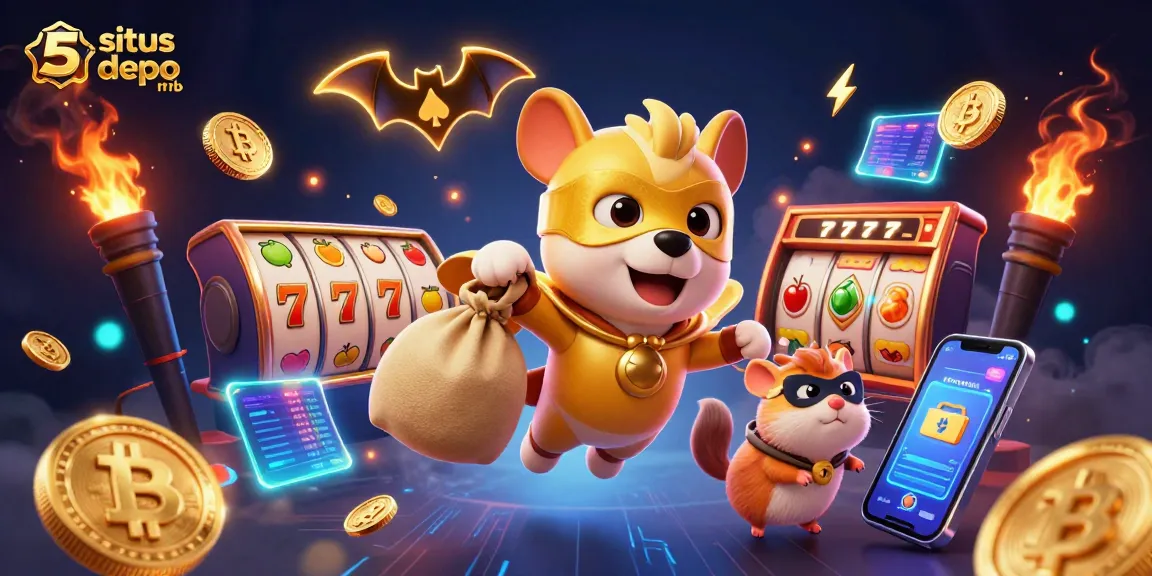 Experience thrilling wins with situs depo 5rb, featuring a superhero dog and dynamic casino elements.