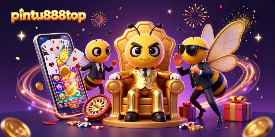 Engage with pintu888top in a lavish casino-driven scene featuring animated characters, vibrant game elements, and festive energy.