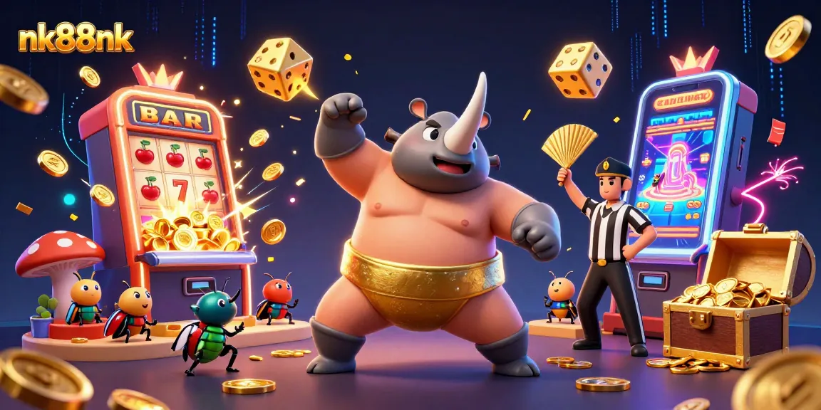 Witness the exciting jackpot action at nk88nk with a dynamic casino scene featuring a champion beetle!