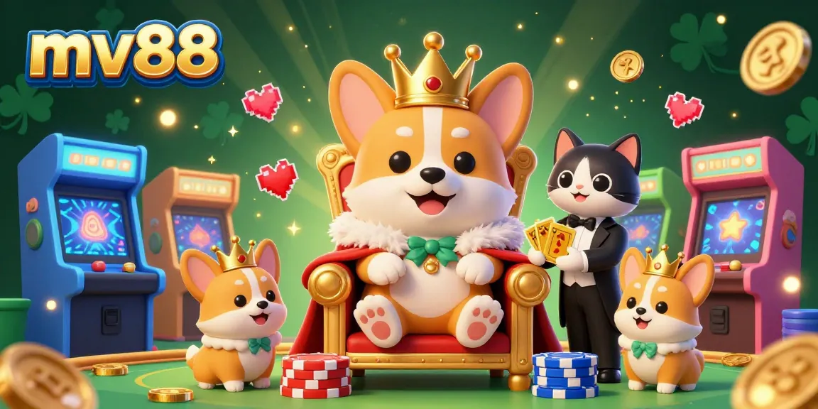 Engage with the vibrant world of mv88 where a royal corgi rules amidst colorful gaming elements and golden treasures.