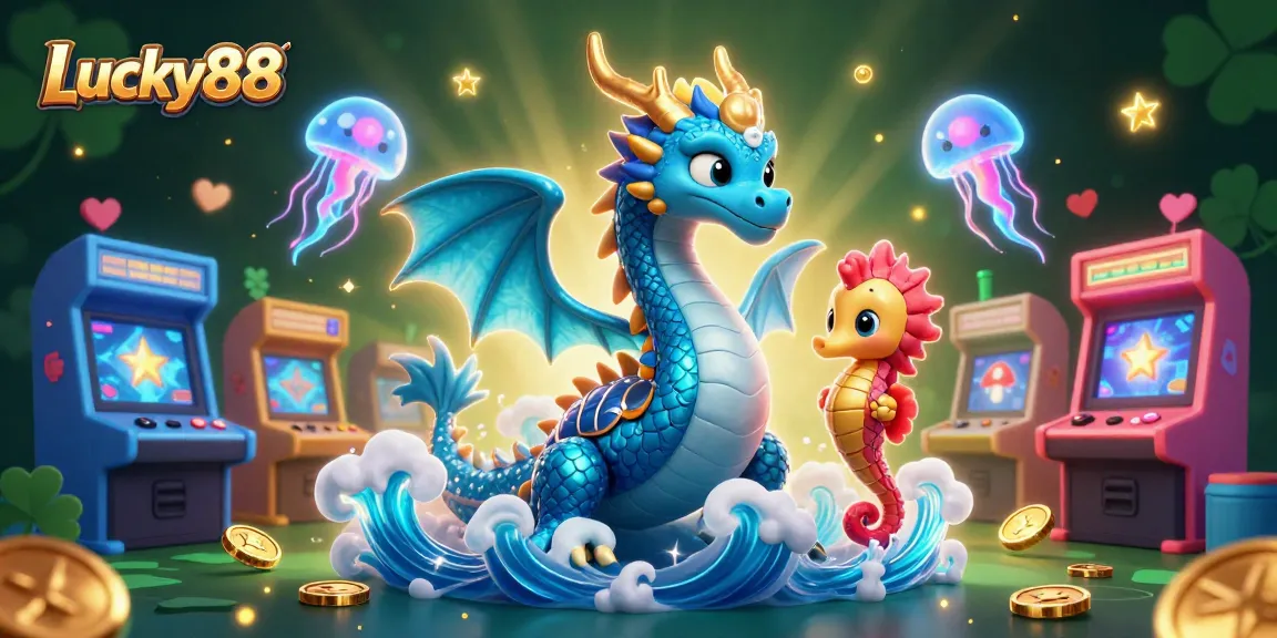 Engage with Lucky88's vibrant world featuring a dragon, seahorse knight, and colorful casino game elements.